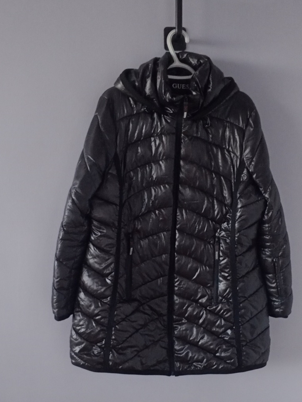 GUESS Shiny Black Quilted Hooded Puffer Coat